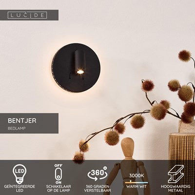 Lucide BENTJER - Bedlamp / Wandlamp - Ø 14 cm - LED - 3000K - Zwart